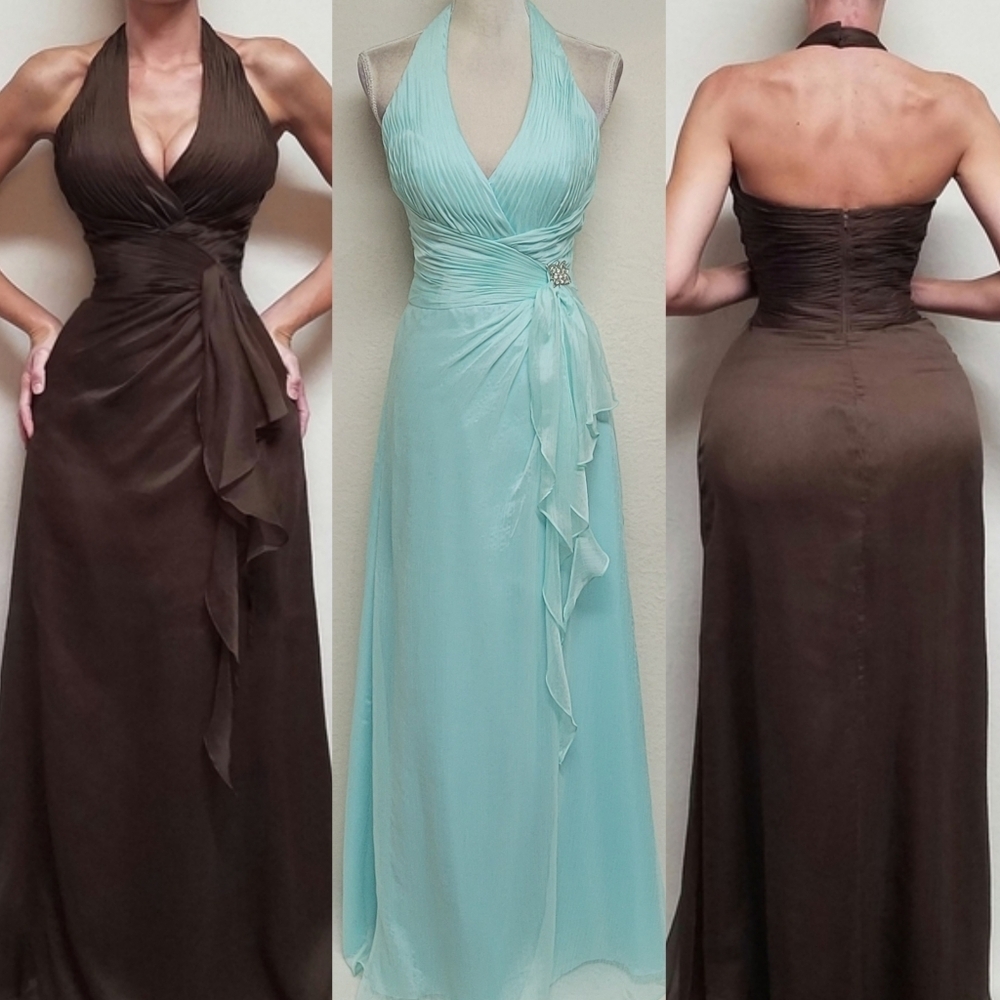 Milano Formals Teal Micro-pleated Chiffon Brooch Plunging Neckline Halter Dress